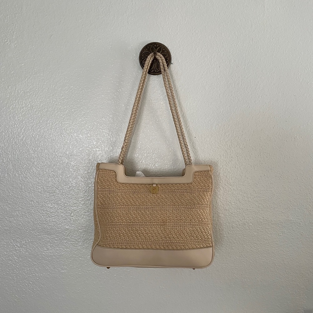 Etienne Aigner Woven Straw Faux Leather Trim Shoulder Bag Tan Gold Logo Tote